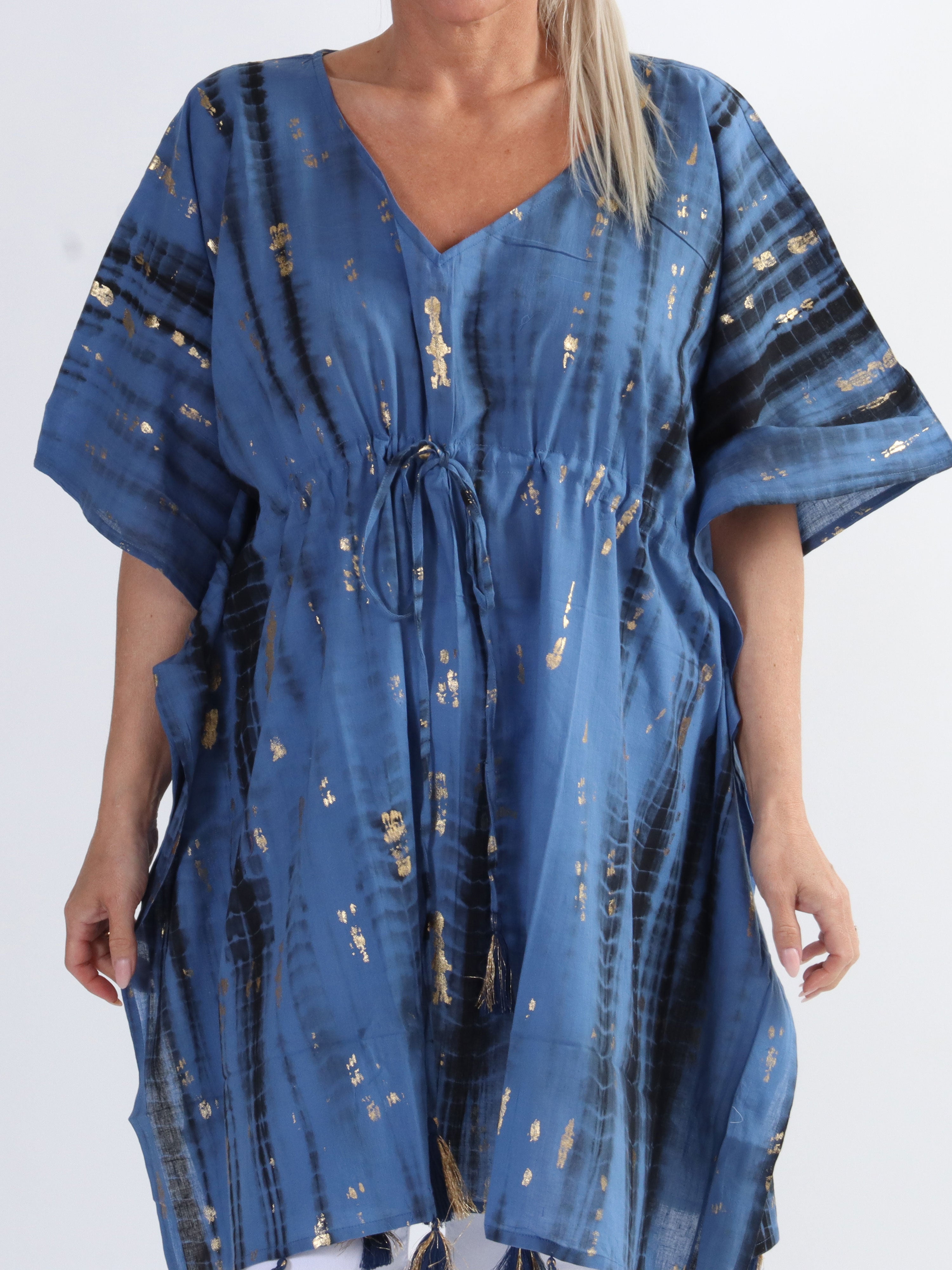 Tulle - Let plus size tunika med guld strøg og bindebånd